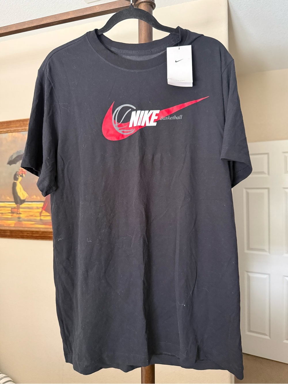 Nike Black Short Sleeve Tee with Red Swoosh and White Wordmark